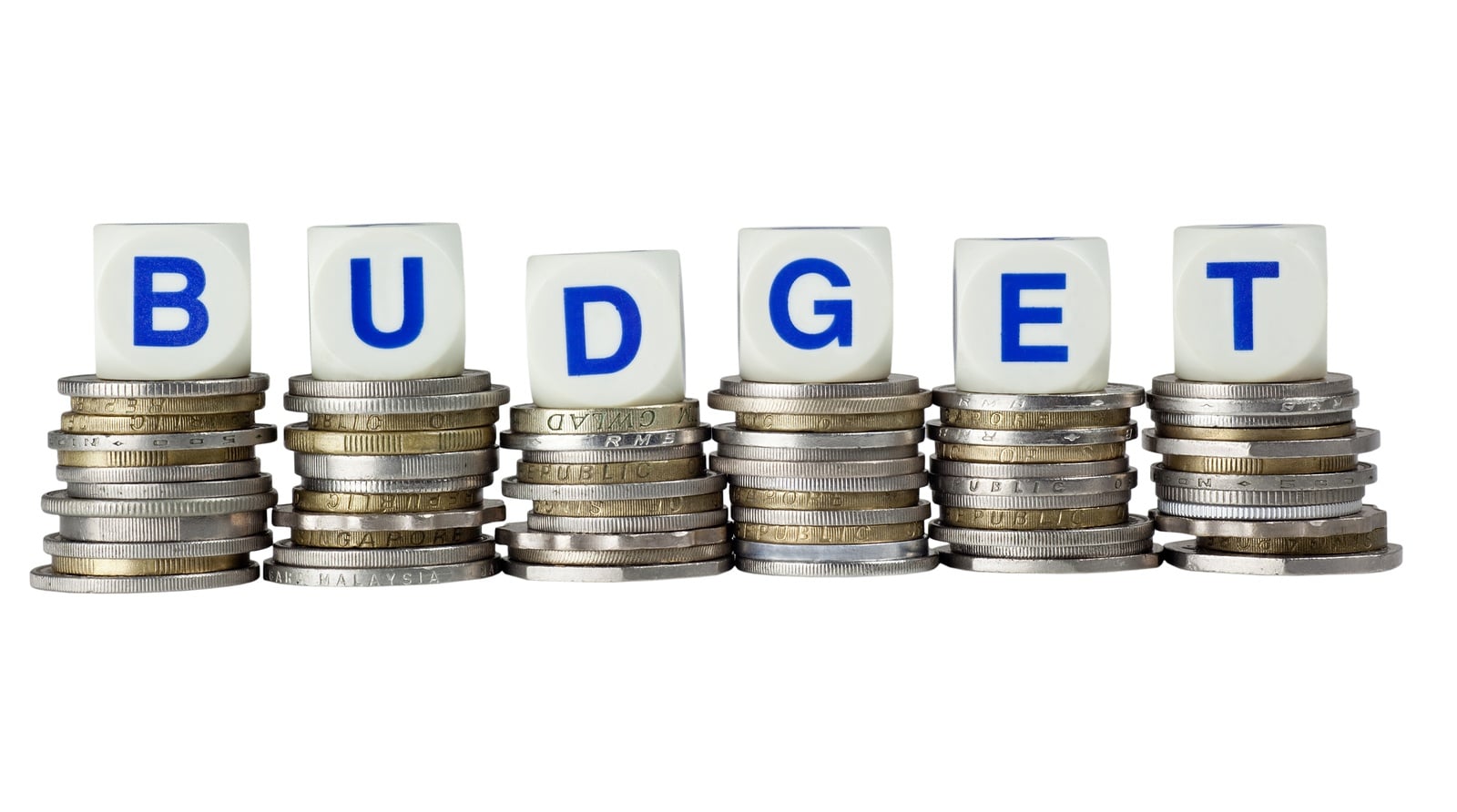 Budget letters on money stacks