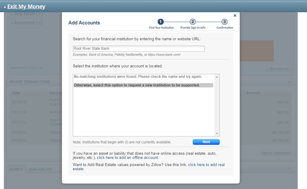 Bank Account Not available My Money Tool Screen Example