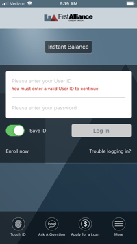 First Alliance Credit Union Mobile Banking App Login Screen Example