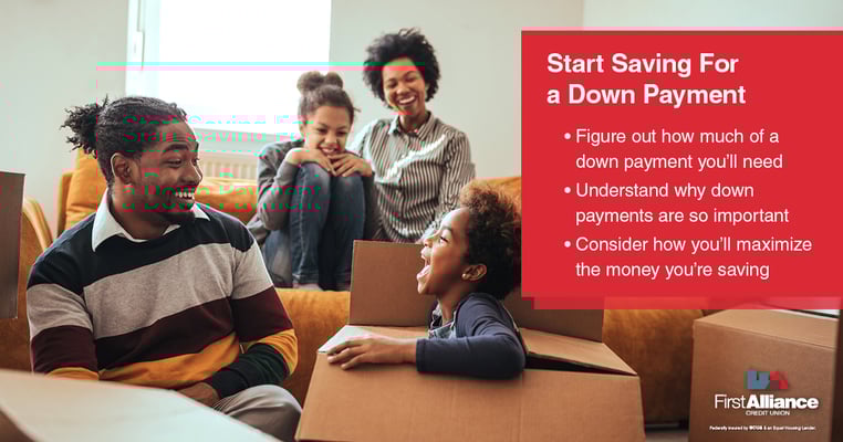 happy family in a home with moving boxes with text explaining how to start saving for down payment on a home