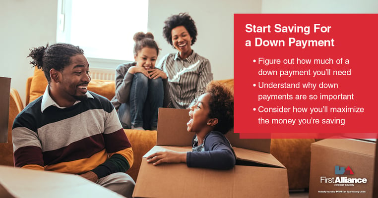 happy family in a home with moving boxes with text explaining how to start saving for down payment on a home