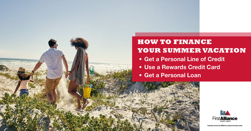 options for financing a summer vacation - young family walking on beach in summer