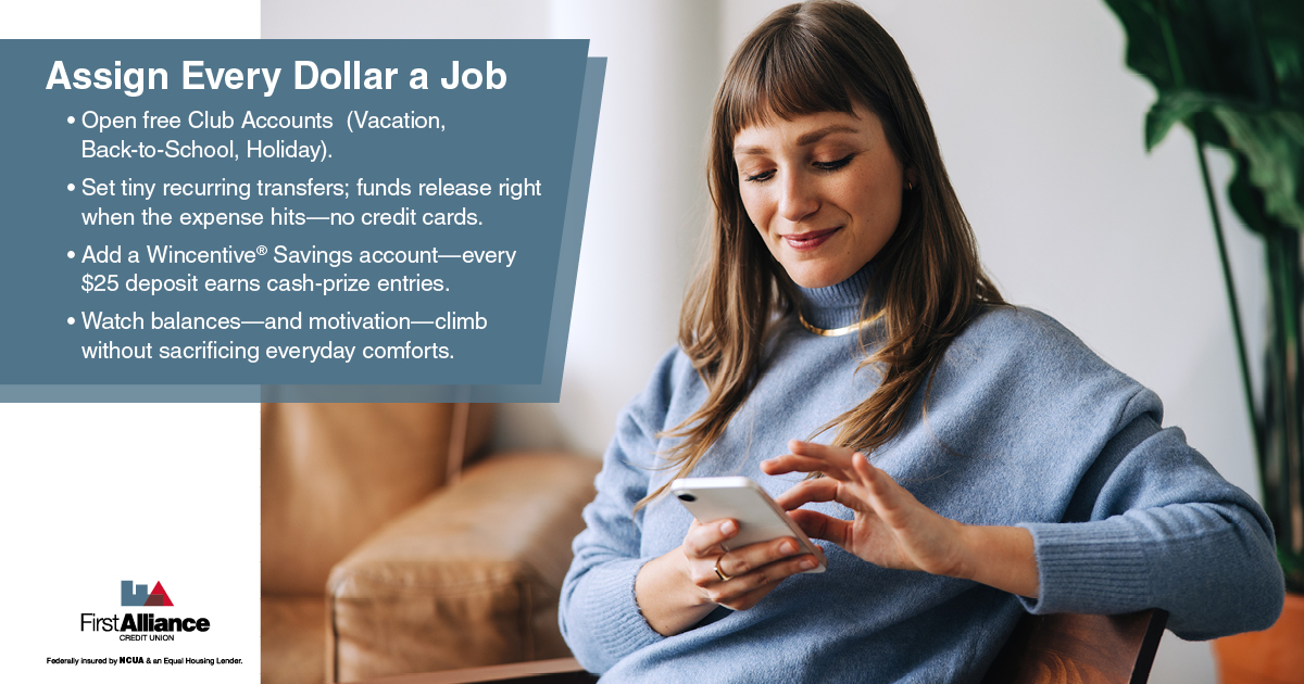 Save money - a woman looking at her phone