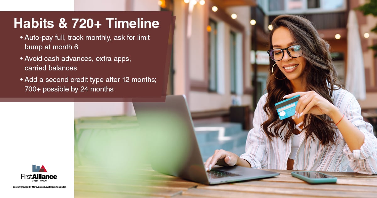 Build Credit - checking her credit on the laptop