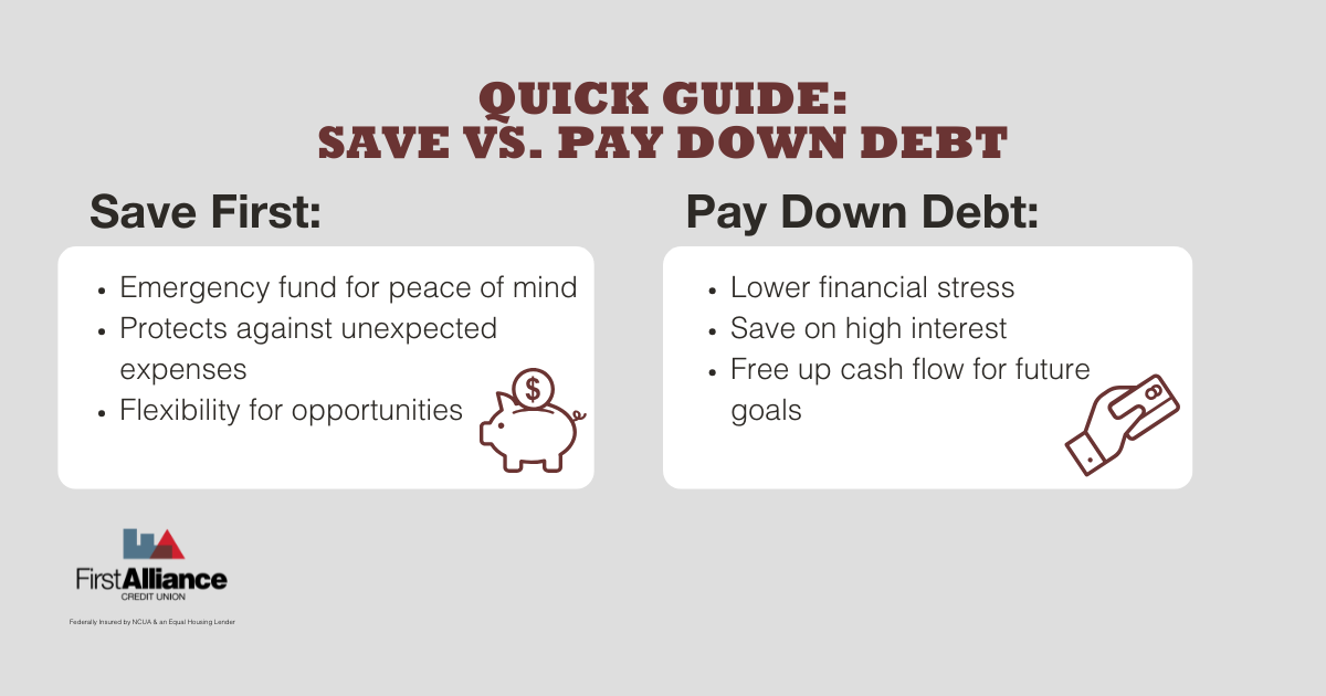 Side-by-side comparison of two financial strategies: ‘Save First’ and Pay Down Debt’ lists benefits like lower stress, saving on interest, and freeing up cash flow for future goals