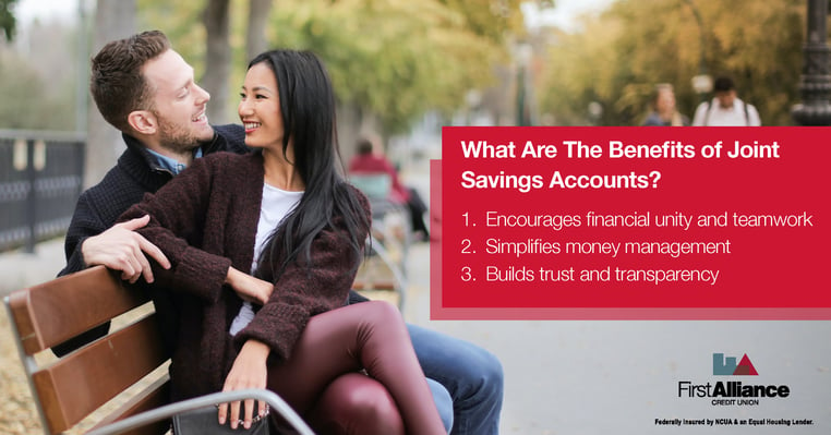 navigating love and money guide to joint savings accounts - benefits listed with couple smiling