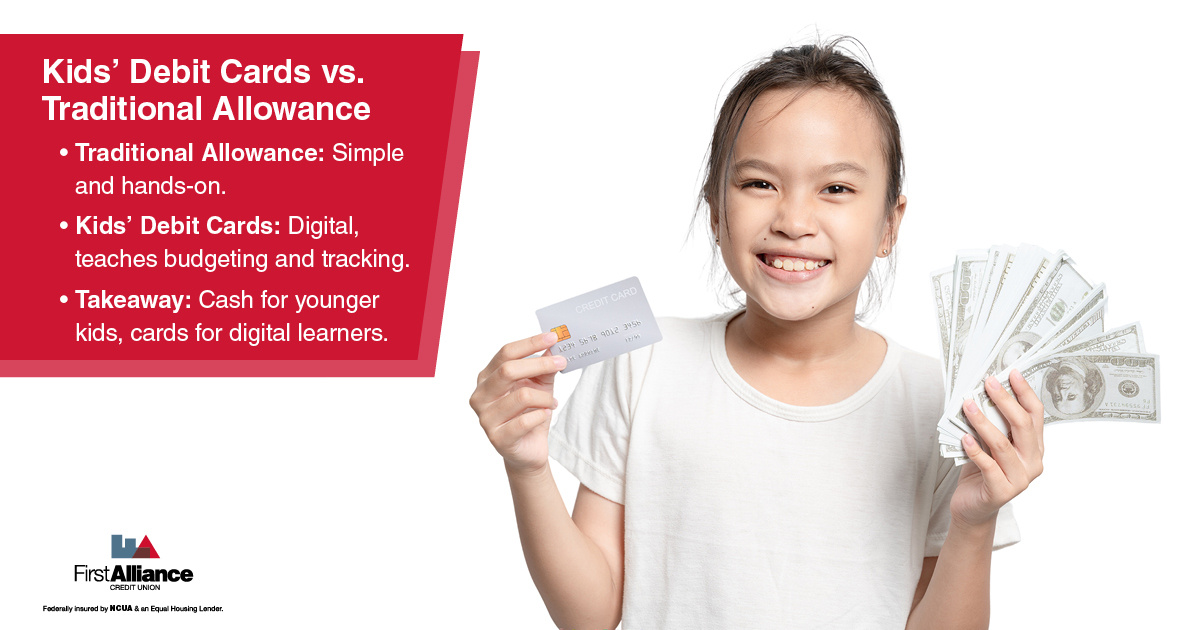 kid debit vs traditional - a teen holding a debit card and cash