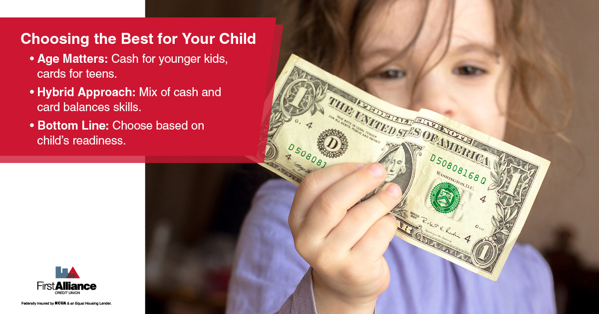 kid debit vs traditional - kid holding a 1 dollar bill