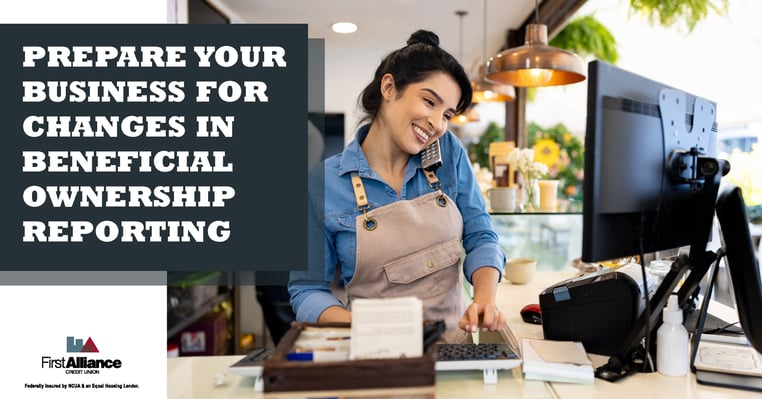 business owner smiling with text overlay prepare your business for changes in beneficial ownership reporting
