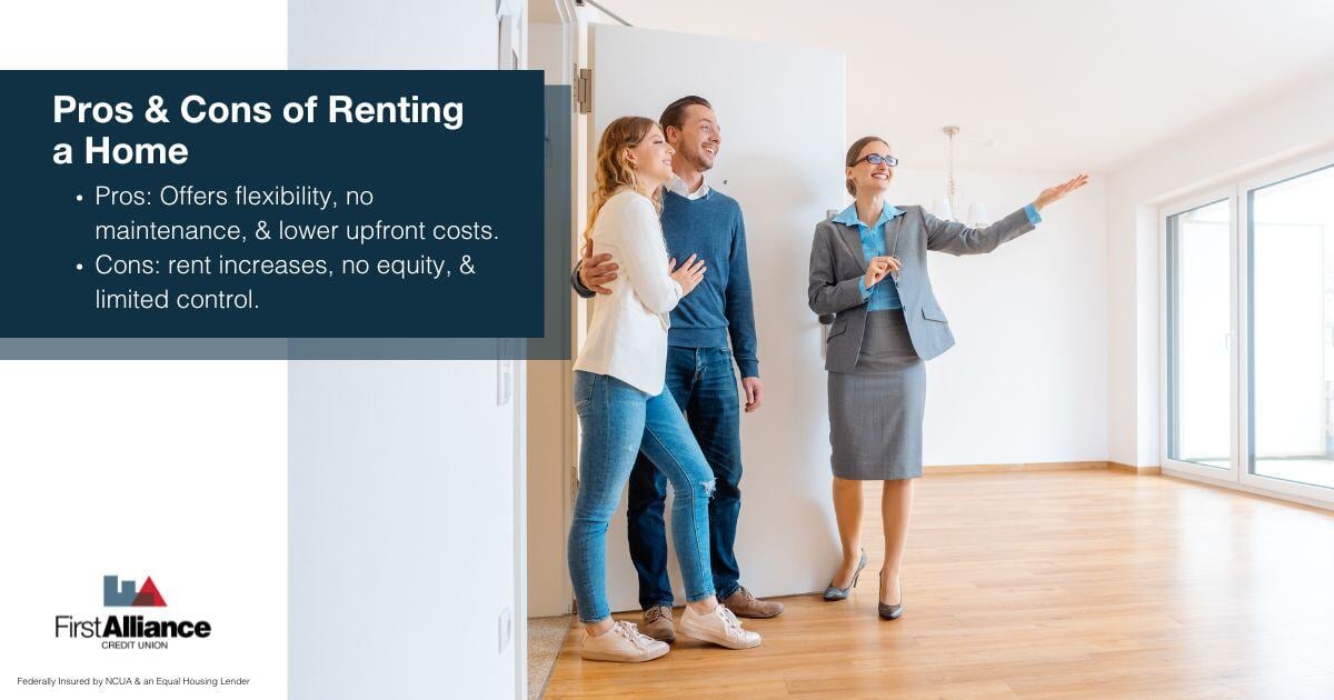 Pros and Cons of Renting vs Buying a Home -  couple looking at a home with a realtor