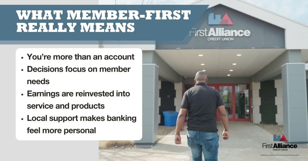 What Member-First Really Means, man walking into First Alliance Credit Union building