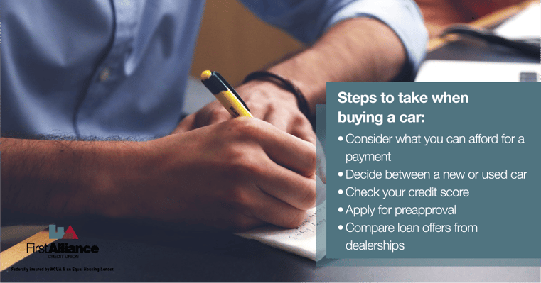 writing on paper steps to take when buying a new car - first alliance credit union