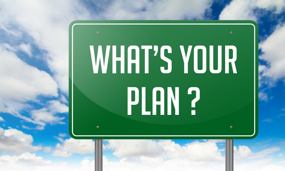 Road sign asking What's Your Plan? set against a cloudy sky background