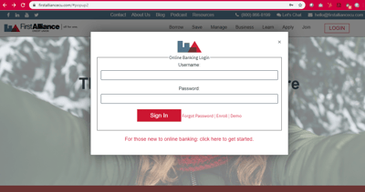 First Alliance Credit Union Online Banking Login Screen Example