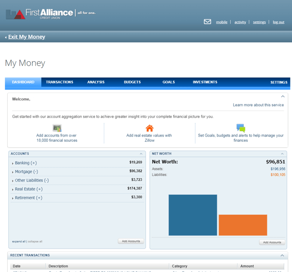 First Alliance Credit Union My Money Dashboard Screen Example