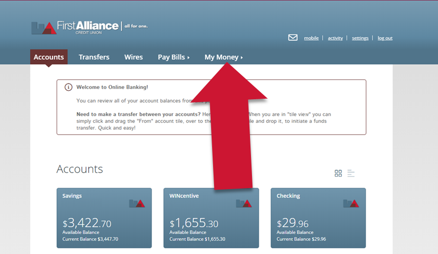 first Alliance Credit Union My Money Login Screen