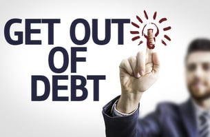 Man pointing to get out of debt sign.