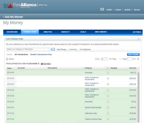 My Money Transactions Screen Exmaple