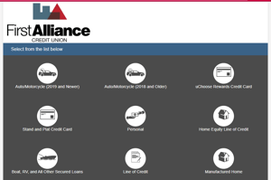 First Alliance Credit Union Online Loan Application List Screen Example