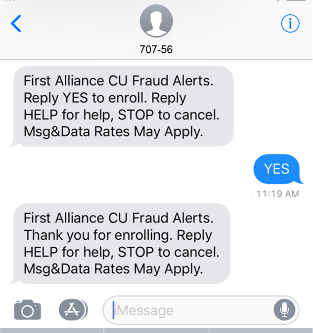 First Alliance Debit Card Fraud Notification Text Message Alerts